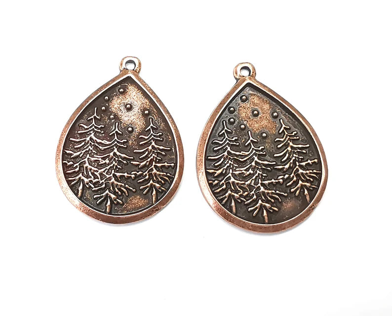 Winter Mountain Landscape Pine Tree Drop Pendant Charms Antique Copper Plated Charms (38x28mm) G27441