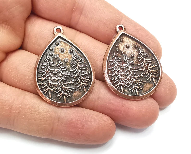 Winter Mountain Landscape Pine Tree Drop Pendant Charms Antique Copper Plated Charms (38x28mm) G27441
