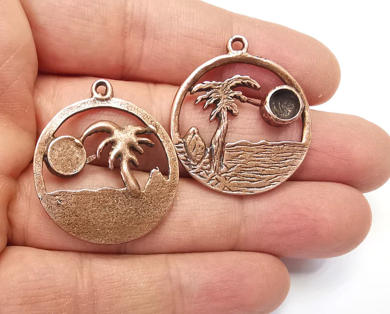 Palm Tree Tropical Island Beach Pendant Blank Resin Bezel Mounting Cabochon Base Setting Antique Copper Plated Charms (6mm Blank) G27442