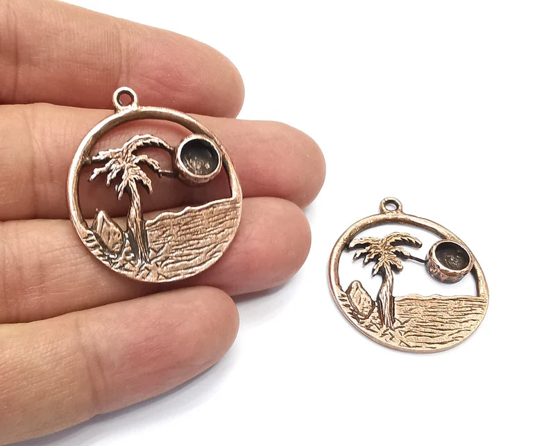 Palm Tree Tropical Island Beach Pendant Blank Resin Bezel Mounting Cabochon Base Setting Antique Copper Plated Charms (6mm Blank) G27442