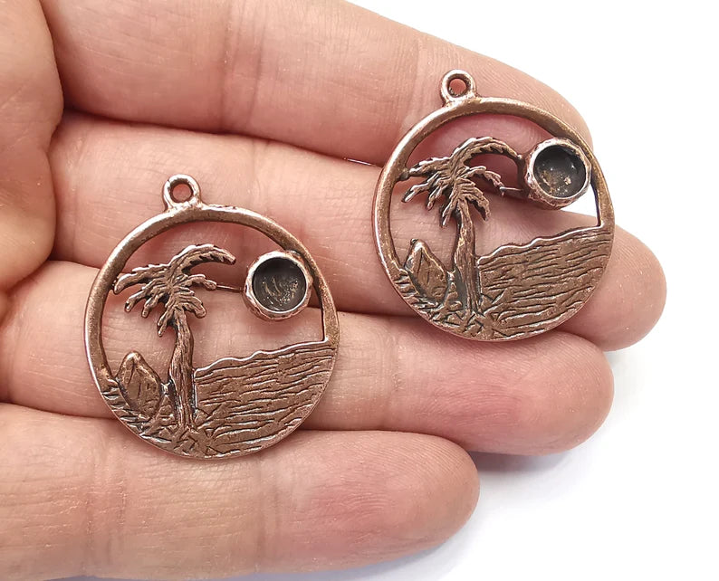 Palm Tree Tropical Island Beach Pendant Blank Resin Bezel Mounting Cabochon Base Setting Antique Copper Plated Charms (6mm Blank) G27442