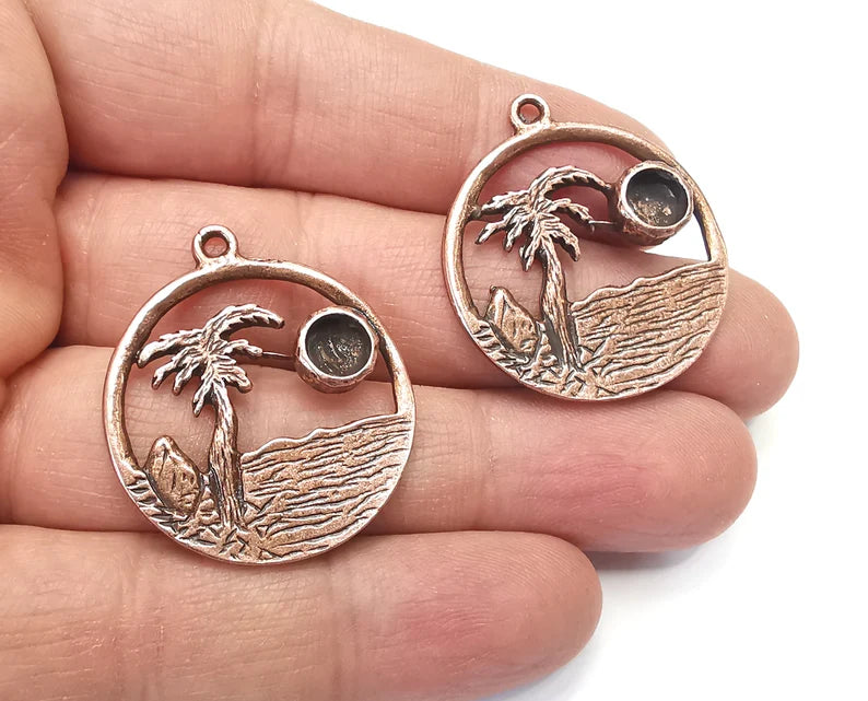 Palm Tree Tropical Island Beach Pendant Blank Resin Bezel Mounting Cabochon Base Setting Antique Copper Plated Charms (6mm Blank) G27442