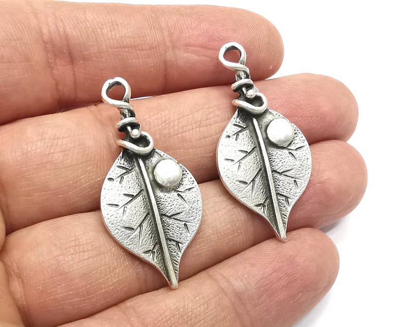 Leaf Charms, Dew Grain Charms Antique Silver Plated Charms (39x19mm) G27444