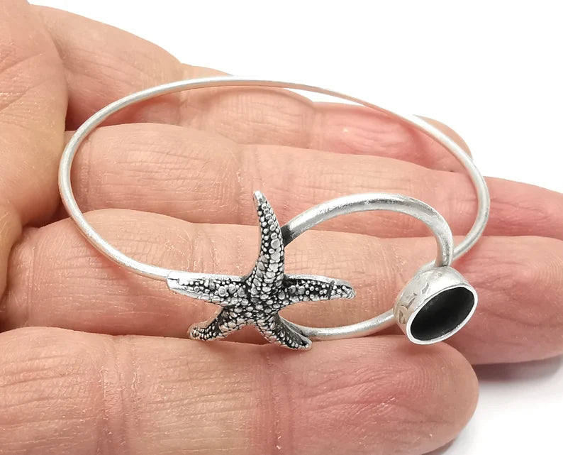 Starfish Silver Bracelet Brass Cuff Blank Bezel Glass Cabochon Base Adjustable Antique Silver Plated Brass (8mm blank) G27286