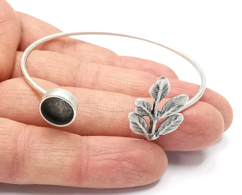 Branch Leaf Silver Bracelet Blank Resin Cuff Dry Bezel Cabochon Base Adjustable Antique Silver Plated Brass (10mm Blank) G27288