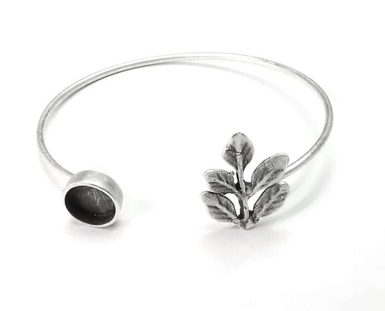Branch Leaf Silver Bracelet Blank Resin Cuff Dry Bezel Cabochon Base Adjustable Antique Silver Plated Brass (10mm Blank) G27288