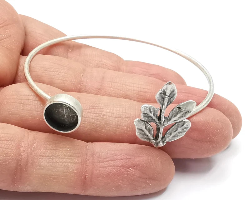 Branch Leaf Silver Bracelet Blank Resin Cuff Dry Bezel Cabochon Base Adjustable Antique Silver Plated Brass (10mm Blank) G27288