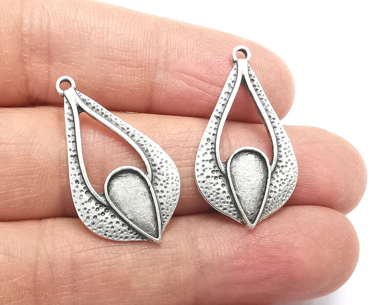 2 Silver Drop Charm Blank Base Antique Silver Plated 32x18mm (12x6mm bezel) G27456