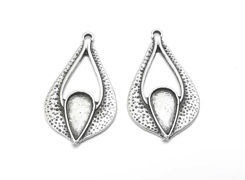 2 Silver Drop Charm Blank Base Antique Silver Plated 32x18mm (12x6mm bezel) G27456