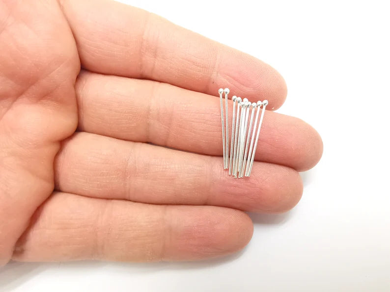 10 Pcs Sterling Silver Ball Head Pins 1'', 21ga (Length 1 inch - 30mm) (Thickness 0,7mm - 21 Gauge) 925 Solid Silver Ball Head pin G30206