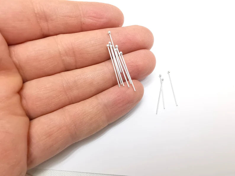 10 Pcs Sterling Silver Ball Head Pins 1'', 21ga (Length 1 inch - 30mm) (Thickness 0,7mm - 21 Gauge) 925 Solid Silver Ball Head pin G30206