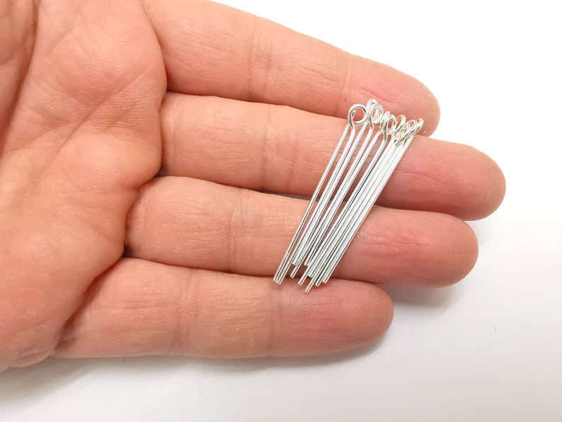 5 Pcs Sterling Silver Loop Head Pins, 1.6'', 18ga Long Pin (Length 1.6inch - 43mm) (Thickness 1 mm - 18 Gauge) 925 Solid Silver Eye Pins G30279