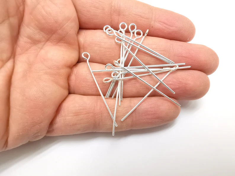 5 Pcs Sterling Silver Loop Head Pins, 1.6'', 18ga Long Pin (Length 1.6inch - 43mm) (Thickness 1 mm - 18 Gauge) 925 Solid Silver Eye Pins G30279