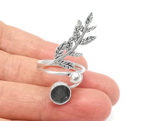 Leaf Branch Silver Ring Setting Blank Cabochon Mounting Adjustable Ring Base Bezel Antique Silver Plated Brass (8 mm) G13180