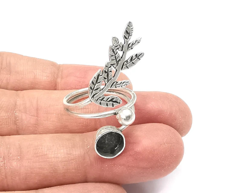 Leaf Branch Silver Ring Setting Blank Cabochon Mounting Adjustable Ring Base Bezel Antique Silver Plated Brass (8 mm) G13180