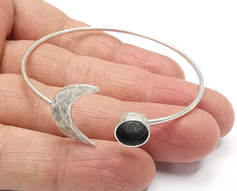 Crescent Moon Silver Bracelet Brass Cuff Blank Bezel Cabochon Base Adjustable Antique Silver Brass (8mm blank) G27293