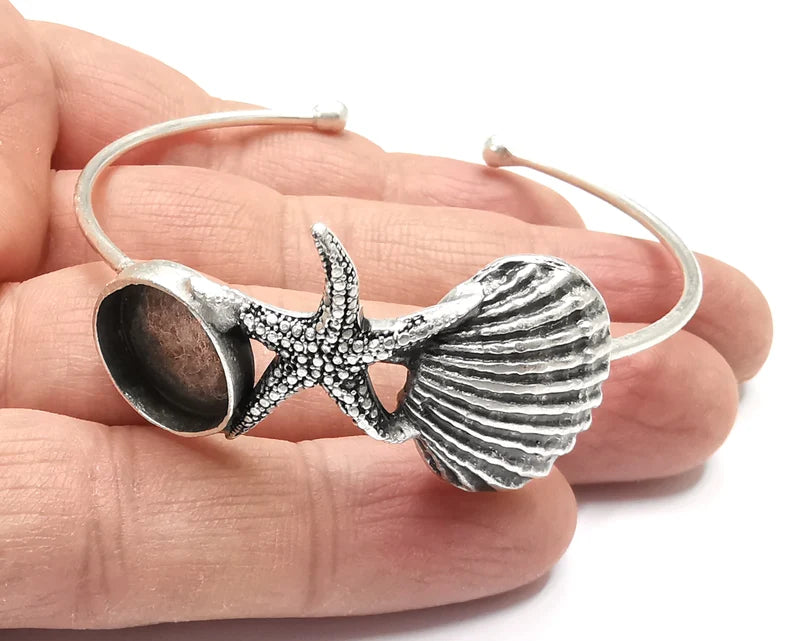 Scallop Starfish Silver Bracelet Brass Cuff Blank Bezel Glass Cabochon Base Adjustable Antique Silver Brass (14 mm blank) G27297