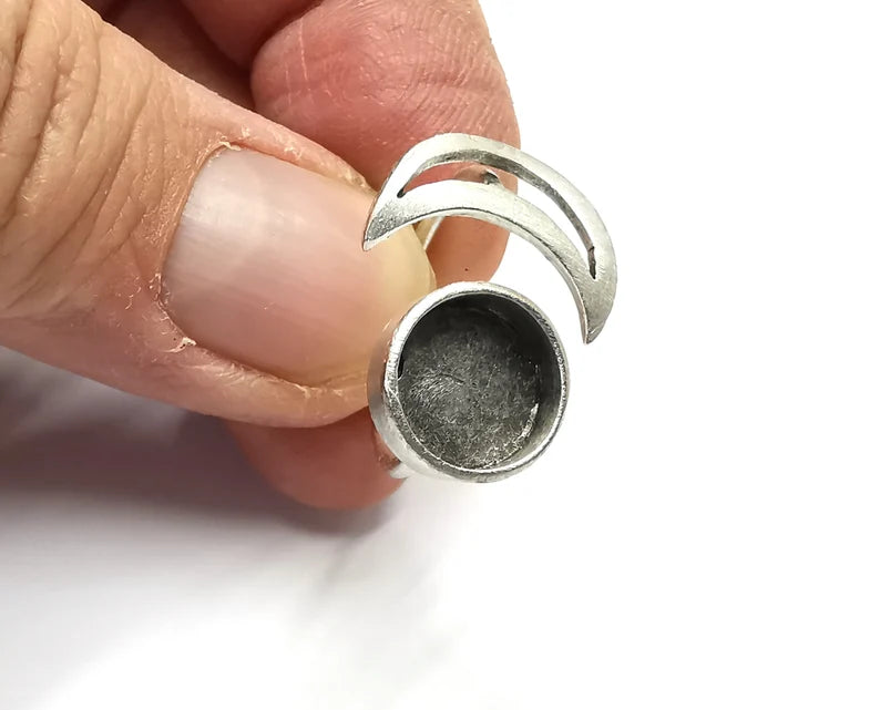Crescent Moon Silver Ring Blank Base Bezel Settings Cabochon Base Mountings Adjustable, Antique Silver Plated Brass (10mm Blank) G27302