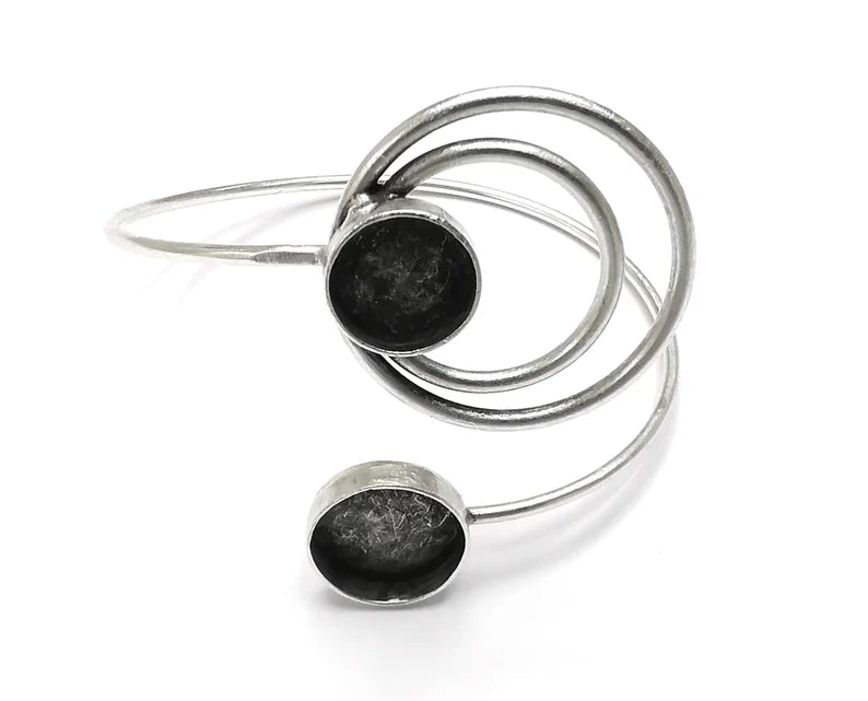 Circles Bracelet Blank Resin Cuff Dry Bezel Cabochon Base Adjustable Antique Silver Plated Brass (14mm and 12mm Blank) G27304