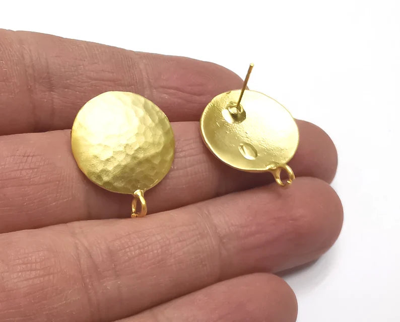Hammered Domed Earring Stud Base with Loop Gold Plated Brass Earring 1 pair (25x20mm) G27307