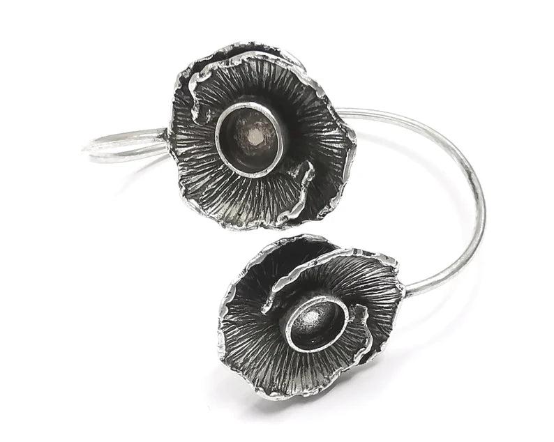Flowers Wire Bracelet Cuff Blank Bezel Glass Cabochon Base Adjustable Antique Silver Plated Brass (8mm ) G27308