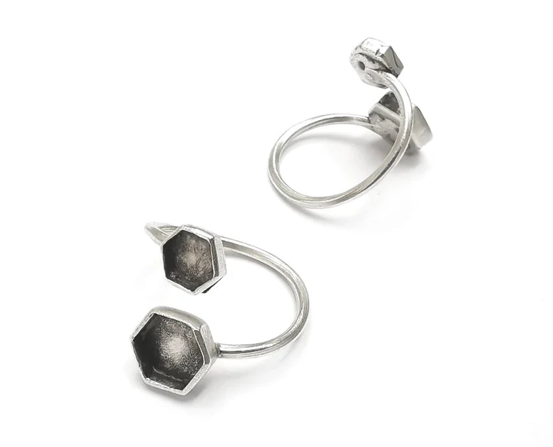 Ring Blanks Silver Hexagonal Ring Setting Cabochon Mounting Adjustable Ring Base Bezel Antique Silver Plated Brass (8mm, 6mm blank) G37005