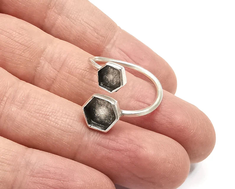 Ring Blanks Silver Hexagonal Ring Setting Cabochon Mounting Adjustable Ring Base Bezel Antique Silver Plated Brass (8mm, 6mm blank) G37005