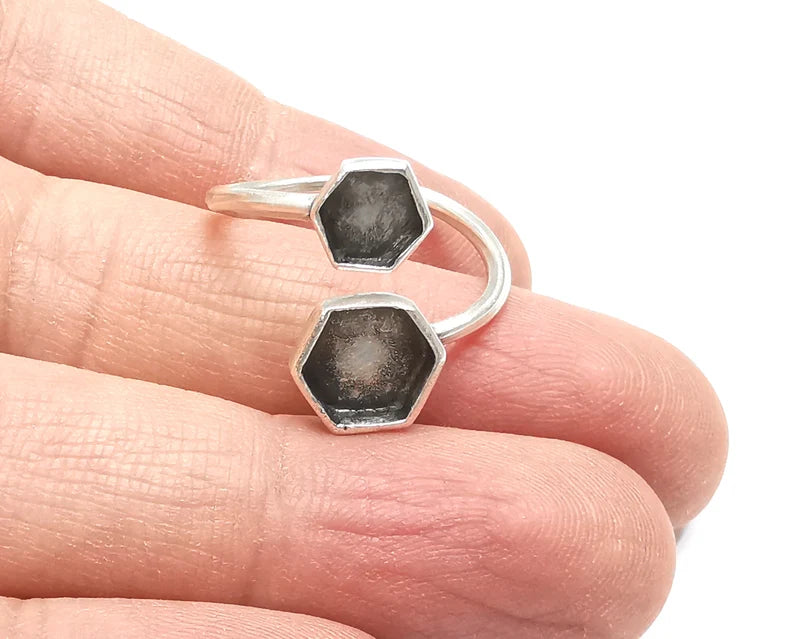 Ring Blanks Silver Hexagonal Ring Setting Cabochon Mounting Adjustable Ring Base Bezel Antique Silver Plated Brass (8mm, 6mm blank) G37005