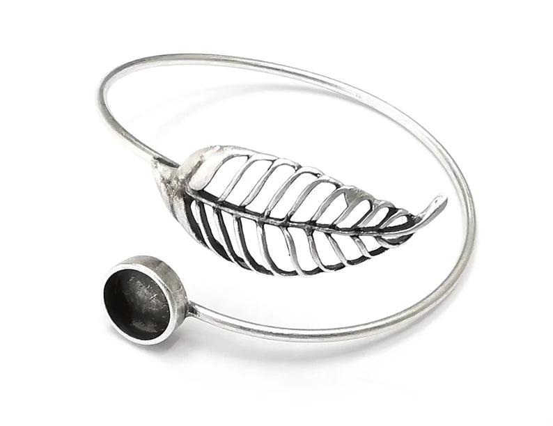 Leaf Silver Bracelet Brass Cuff Blank Bezel Glass Cabochon Base Adjustable Antique Silver Brass (10 mm blank) G27484