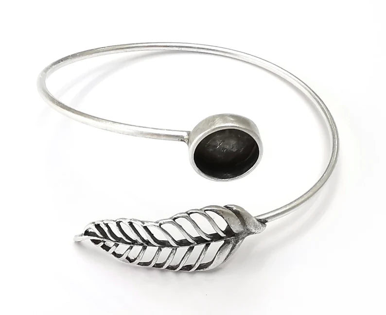 Leaf Silver Bracelet Brass Cuff Blank Bezel Glass Cabochon Base Adjustable Antique Silver Brass (10 mm blank) G27484