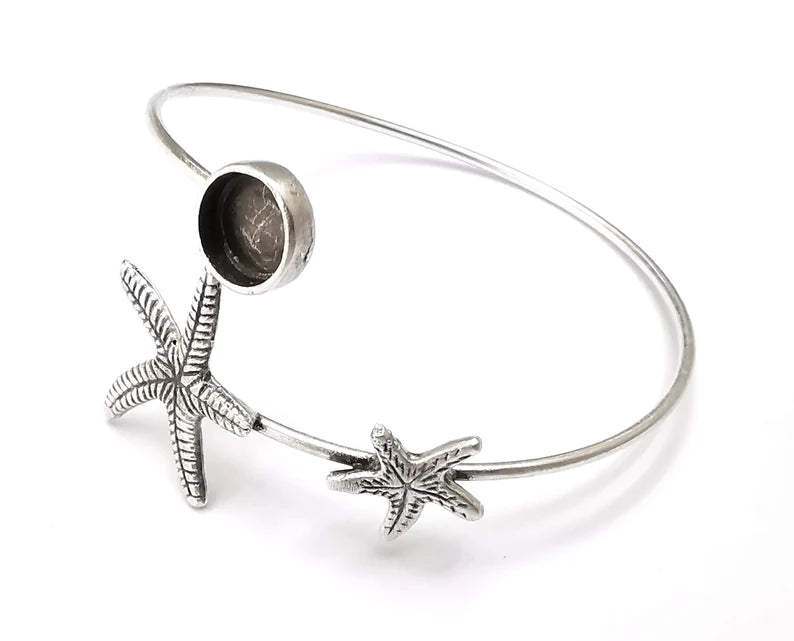 Starfish Silver Bracelet Brass Cuff Blank Bezel Glass Cabochon Base Adjustable Antique Silver Plated Brass (8mm blank) G27485