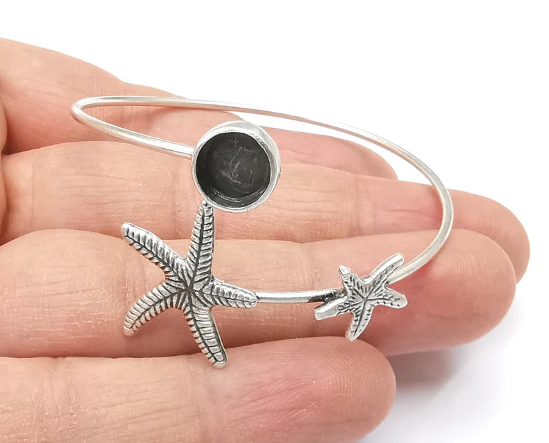 Starfish Silver Bracelet Brass Cuff Blank Bezel Glass Cabochon Base Adjustable Antique Silver Plated Brass (8mm blank) G27485