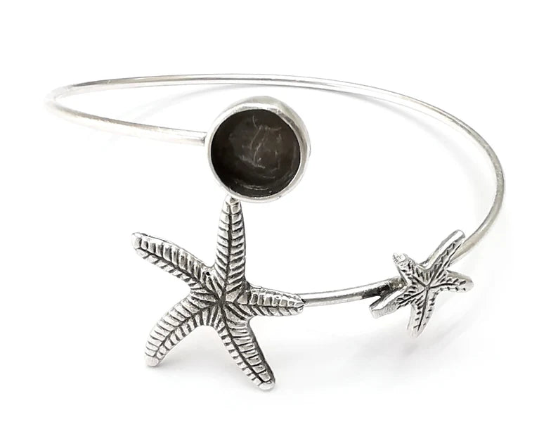 Starfish Silver Bracelet Brass Cuff Blank Bezel Glass Cabochon Base Adjustable Antique Silver Plated Brass (8mm blank) G27485