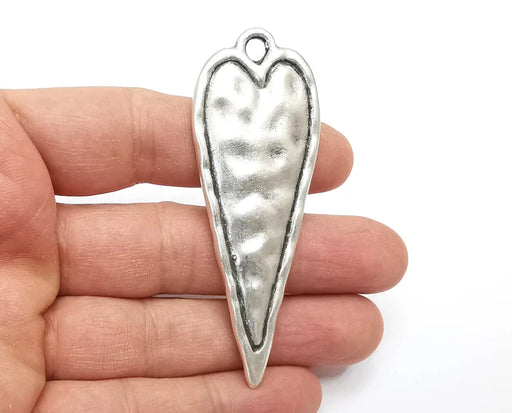Hammered Long Heart (Double Sided) Pendant Antique Silver Plated Pendant (76x28mm) G27491