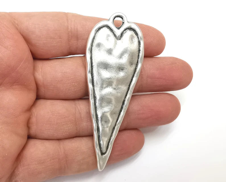 Hammered Long Heart (Double Sided) Pendant Antique Silver Plated Pendant (76x28mm) G27491