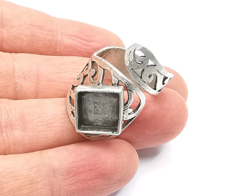 Wrap Silver Ring Blank Base Bezel Settings Cabochon Base Mountings Adjustable (10mm Blank) , Antique Silver Plated Brass G27317