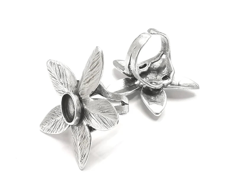Leaf Silver Ring Setting Blank Cabochon Mounting Adjustable Ring Base Bezel Antique Silver Plated Brass (8x6 mm blank) G27318