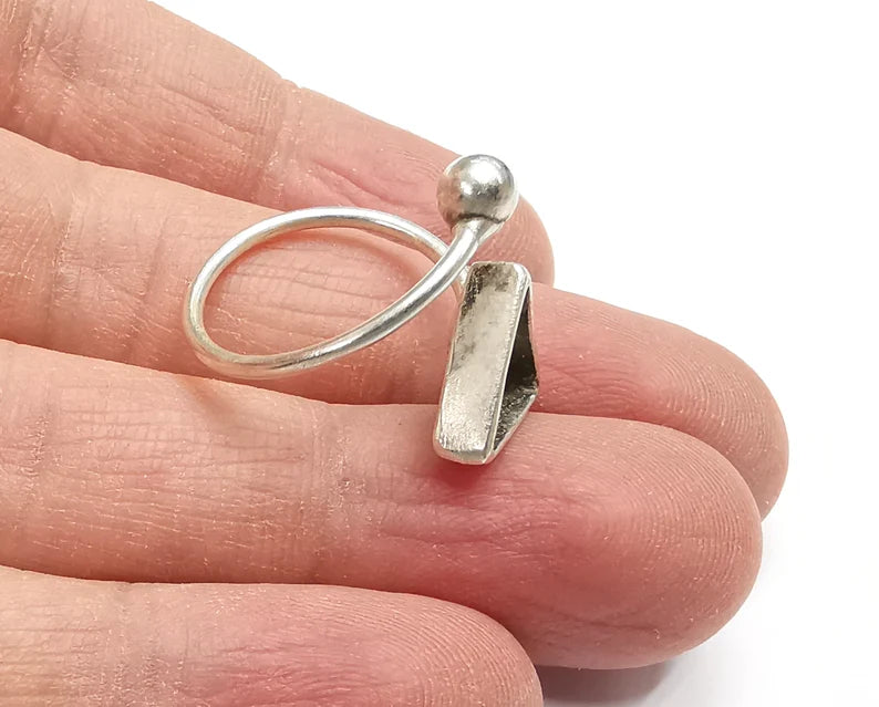 Silver Ball Head Triangle Ring Setting Cabochon Mounting Adjustable Ring Base Bezel Antique Silver Plated Brass ( 10mm Blank ) G27325
