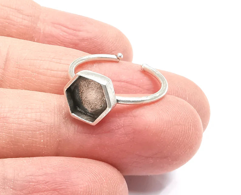 Ring Blanks Silver Hexagonal Ring Setting Cabochon Mounting Adjustable Ring Base Bezel Antique Silver Plated Brass (8mm blank) G27320