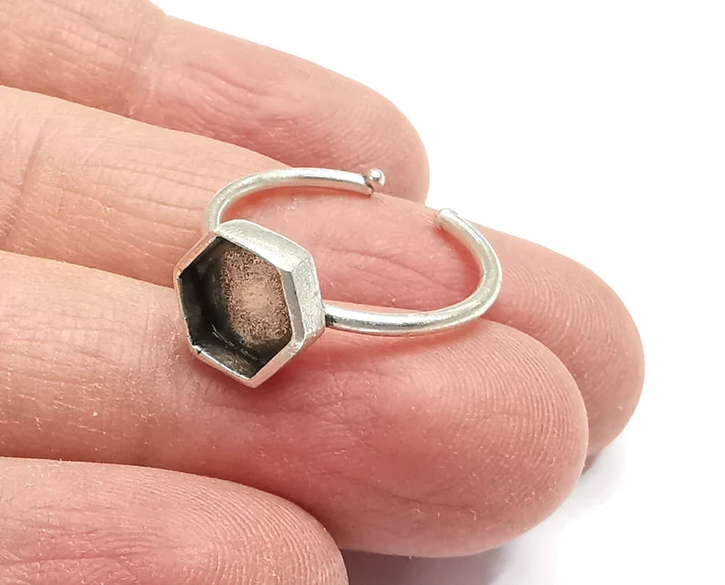 Ring Blanks Silver Hexagonal Ring Setting Cabochon Mounting Adjustable Ring Base Bezel Antique Silver Plated Brass (8mm blank) G27320