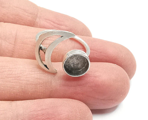Crescent Moon Silver Ring Blank Base Bezel Settings Cabochon Base Mountings Adjustable, Antique Silver Plated Brass (8mm Blank) G27322