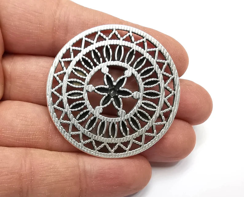 Flower Filigree Pendant Antique Silver Plated Pendant (46mm) G27496