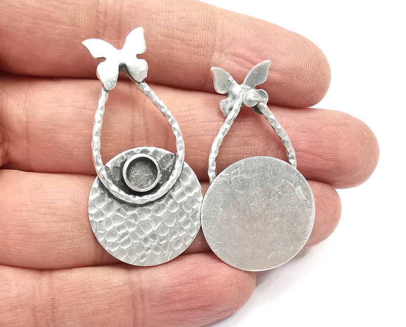 Butterfly Hammered Disc Silver Earring Set Base Wire Antique Silver Plated Brass Earring Base (45x24mm)( 6 mm blanks) G27327
