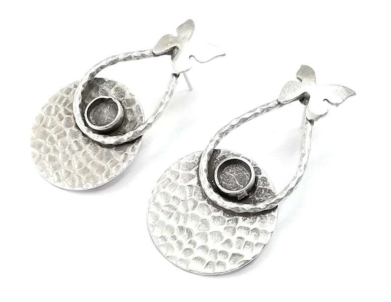 Butterfly Hammered Disc Silver Earring Set Base Wire Antique Silver Plated Brass Earring Base (45x24mm)( 6 mm blanks) G27327