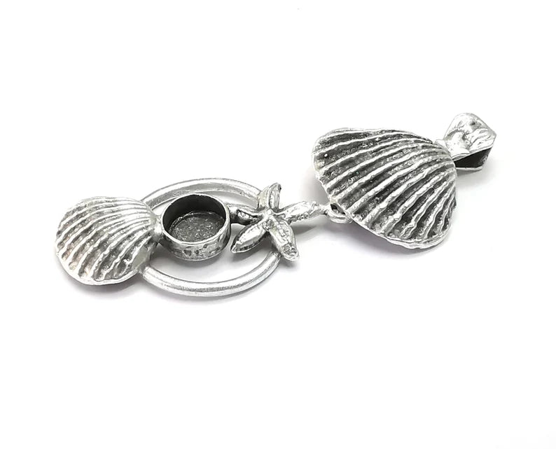 Starfish Scallop Sea Shell Dangle Pendant Base Setting Bezel Blank Antique Silver Plated Brass Pendant (65x22mm)(8mm blank) G27328