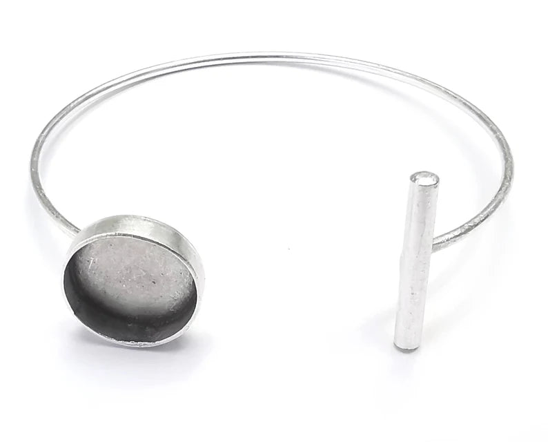Rod Bracelet Blank Resin Cuff Dry Bezel Cabochon Base Adjustable Antique Silver Plated Brass (14mm Blank) G27330