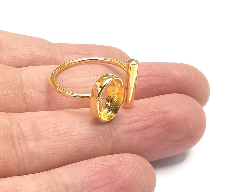 Rod Oval Shiny Gold Ring Bezels Settings Resin Backs Cabochon Mounting Gold Plated Brass Adjustable Ring Base (11x8mm blank) G27333
