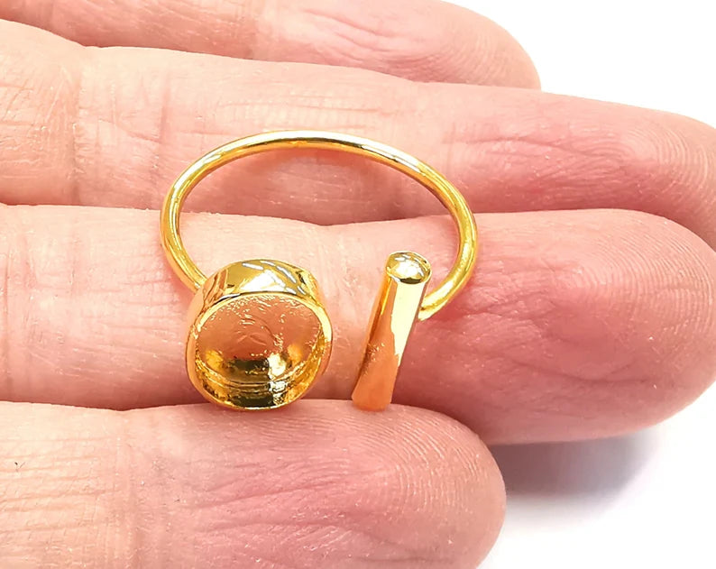 Rod Oval Shiny Gold Ring Bezels Settings Resin Backs Cabochon Mounting Gold Plated Brass Adjustable Ring Base (11x8mm blank) G27333