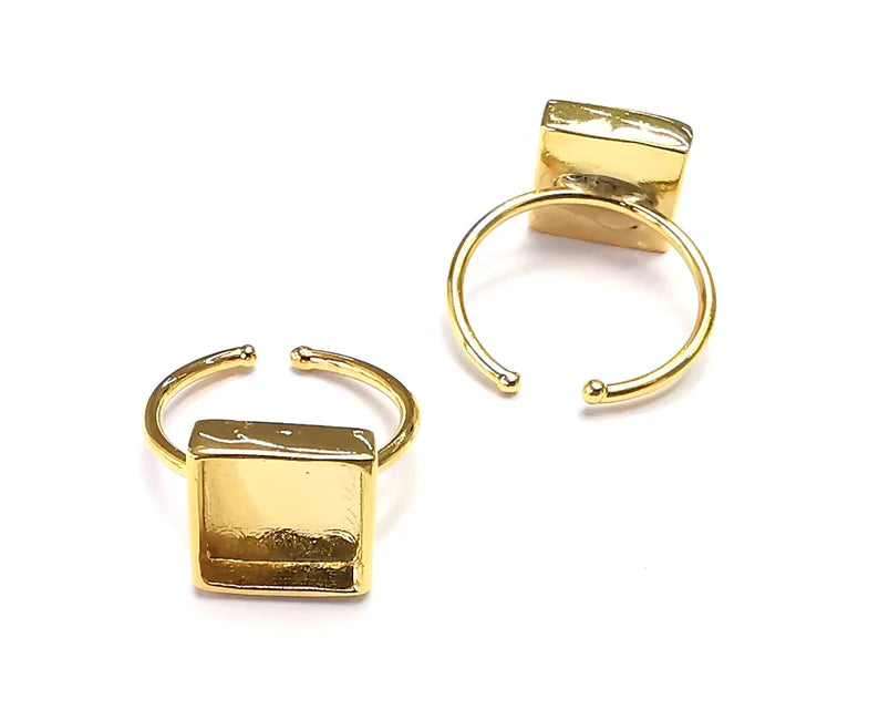 Shiny Gold Square Ring Bezels Ring Settings Resin Ring Backs Cabochon Mounting Gold Plated Brass Adjustable Ring Base (10mm blank) G27334