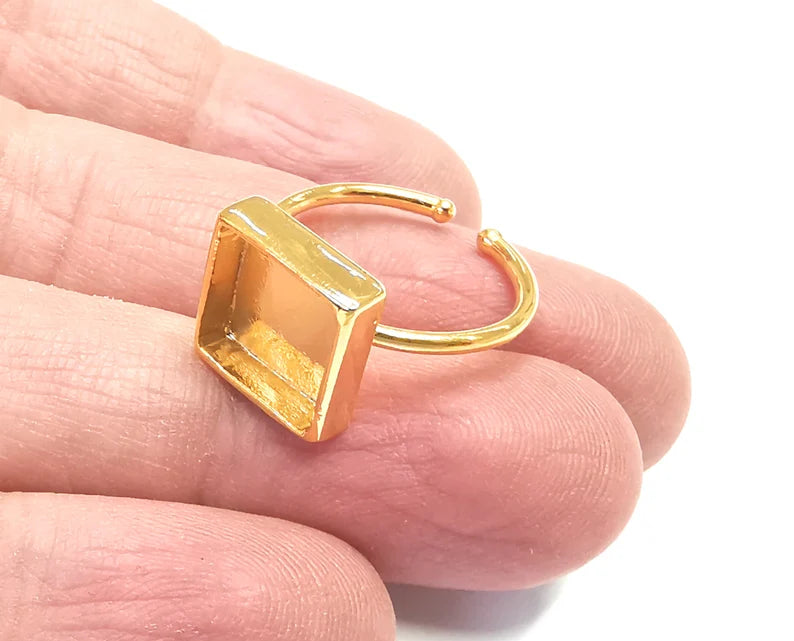 Shiny Gold Square Ring Bezels Ring Settings Resin Ring Backs Cabochon Mounting Gold Plated Brass Adjustable Ring Base (10mm blank) G27334